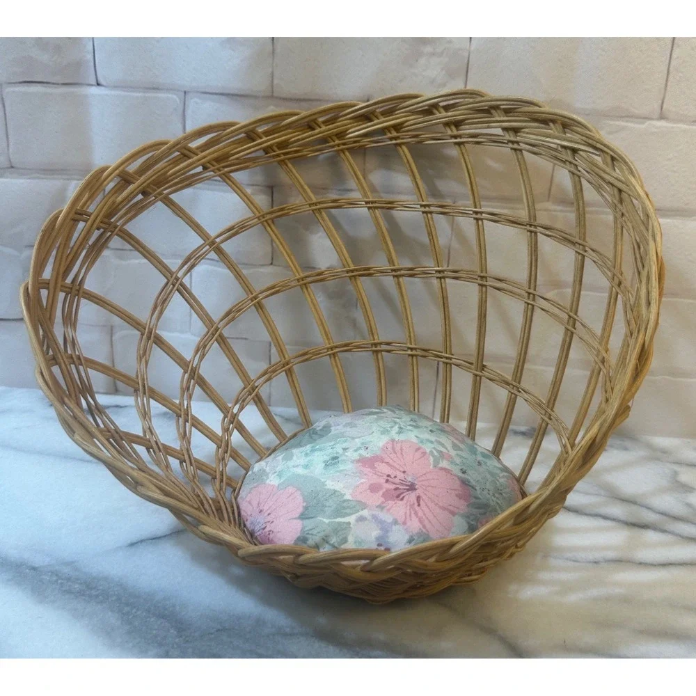 Vintage Wicker Slanted Display Basket with Floral Pincushion Base Natural Rattan